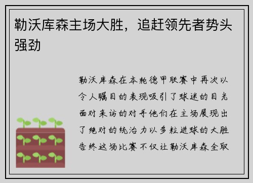 勒沃库森主场大胜，追赶领先者势头强劲